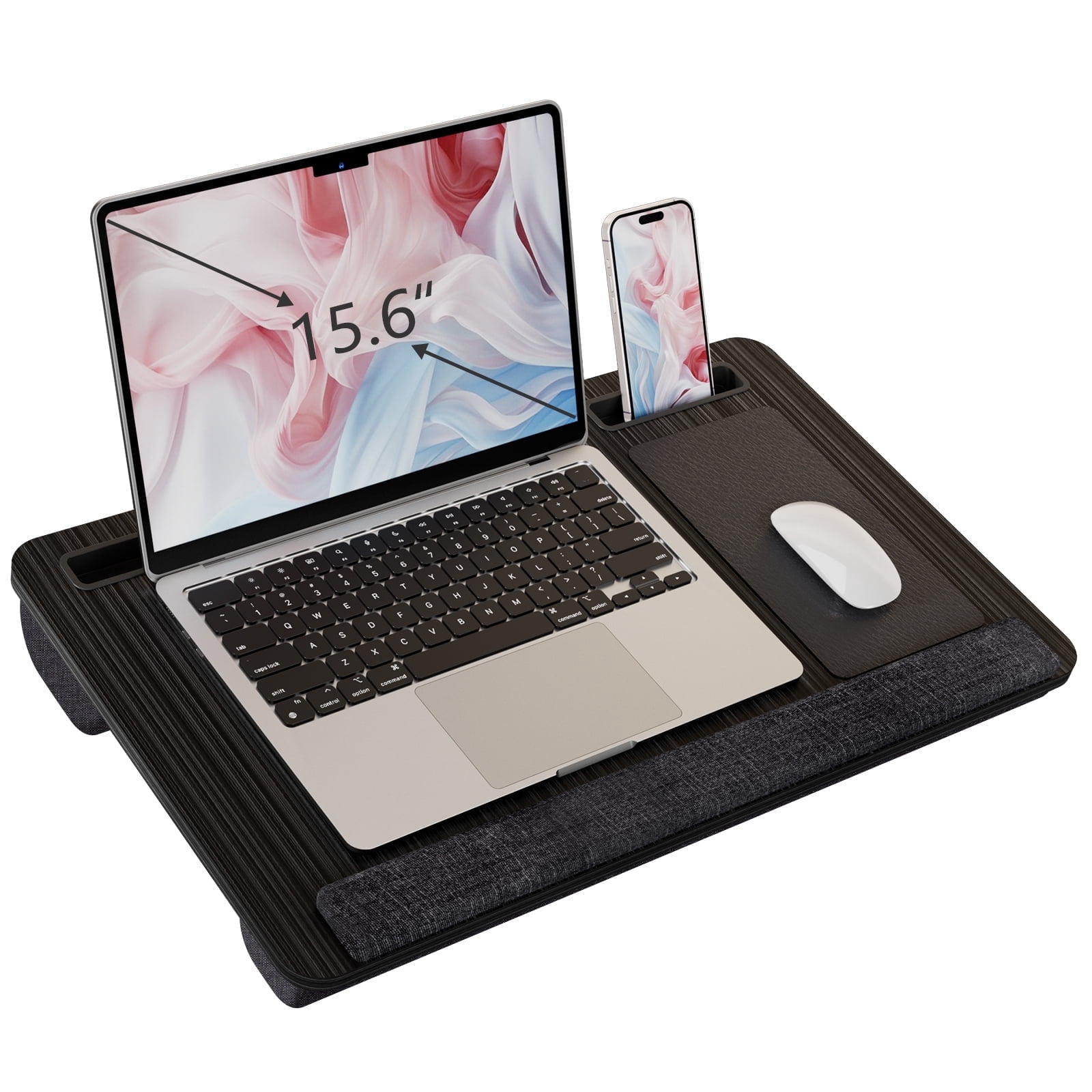 PHANCIR Portable Lap Desk for Laptop, Wood Laptop Bed Table with Handle Fits up to 15.6 inches Laptop Tray with Soft Pillow, Mouse Pad, Wrist Pad & iPad/Phone Slots, Laptop Stand 21.6 x 13.4in-Black