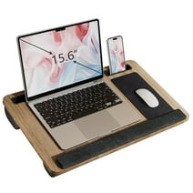 PHANCIR Portable Lap Desk for Laptop, Wood Laptop Bed Table with Handle Fits up to 15.6 inches Laptop Tray with Soft Pillow, Mouse Pad, Wrist Pad & iPad/Phone Slots, Laptop Stand 21.6 x 13.4in-Walnut
