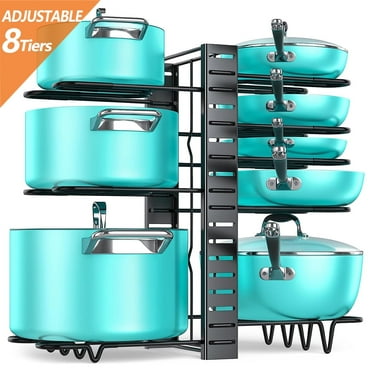 PHANCIR Pots and Pans Organizer Rack, 3 DIY Methods Adjustable 8-Tier Pot and Pan Rack, Metal Heavy Duty Organizer with Anti-slip Silicone Pad for Cabinet Kitchen Organization Storage