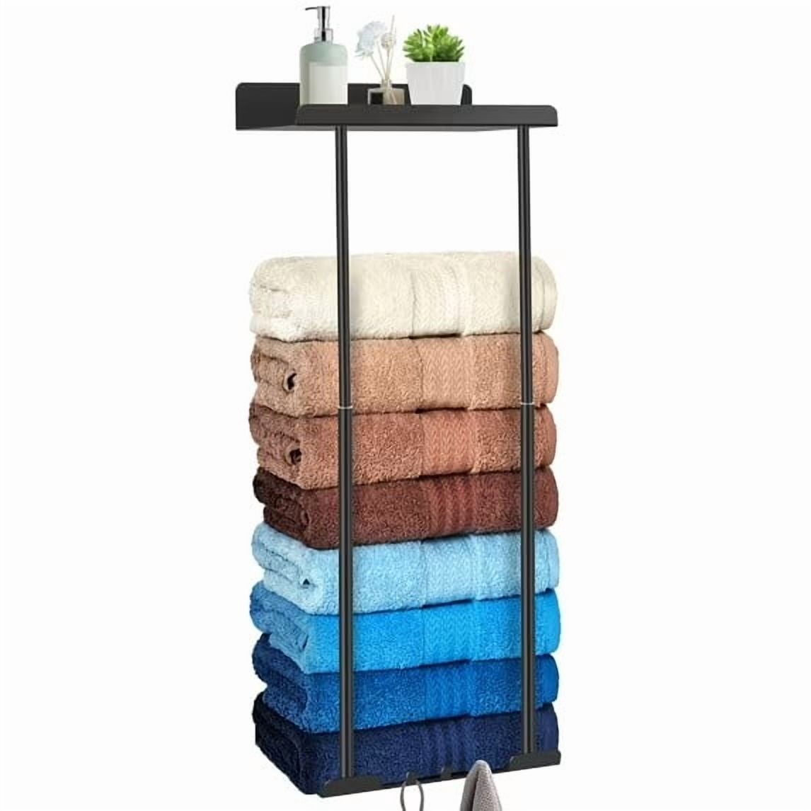 PHANCIR Retractable Wall-Mounted Towel Rack for Bathroom, Metal Towel Holder with Shelf & Hooks, Storage for Bath Towels & Hand Towel, Black