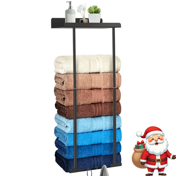 PHANCIR Retractable Wall-mounted Towel Rack for Bathroom, Metal Towel Holder with Shelf & Hooks, Storage for Bath Towels & Hand Towel, Black