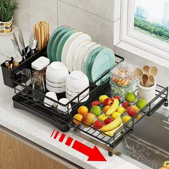 PHANCIR Retractable Large Capacity Dish Drying Rack, Compact Stainless Steel Dish Rack with Utensil Holder, Space-Saving Storage & Organizer for Kitchen Countertop, Black