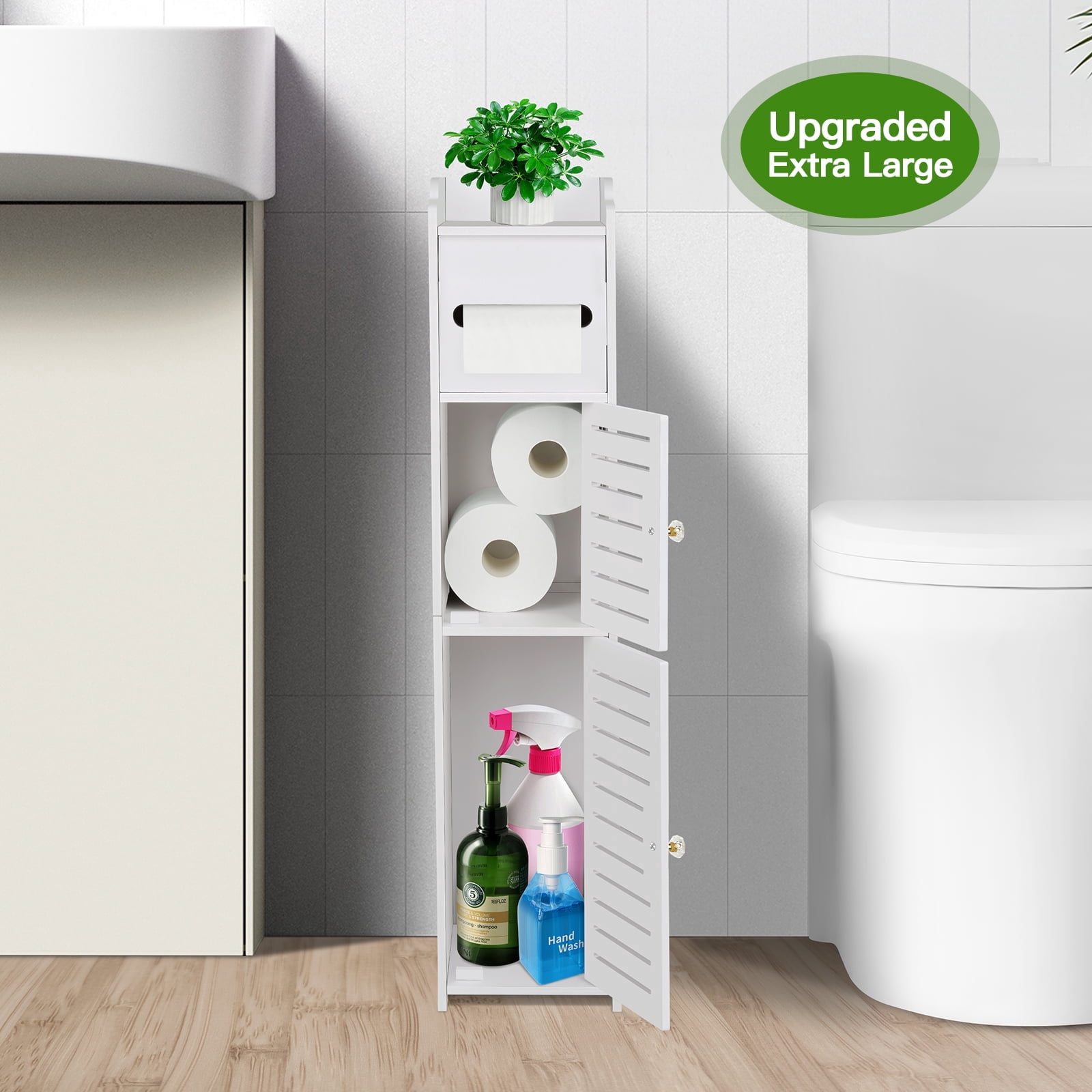 PHANCIR Toilet Paper Holder with Roll Holder, Bathroom Storage Cabinet Beside Toilet for Small Spaces, Store Mega Rolls, White