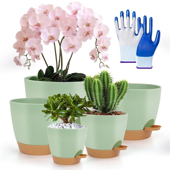 PHANCIR 7/6.5/6/5.5/5 Inch Set of 5 Self Watering Plant Pots, Plastic Flower Pots for Indoor Outdoor Succulent with Nitrile Gloves, Green