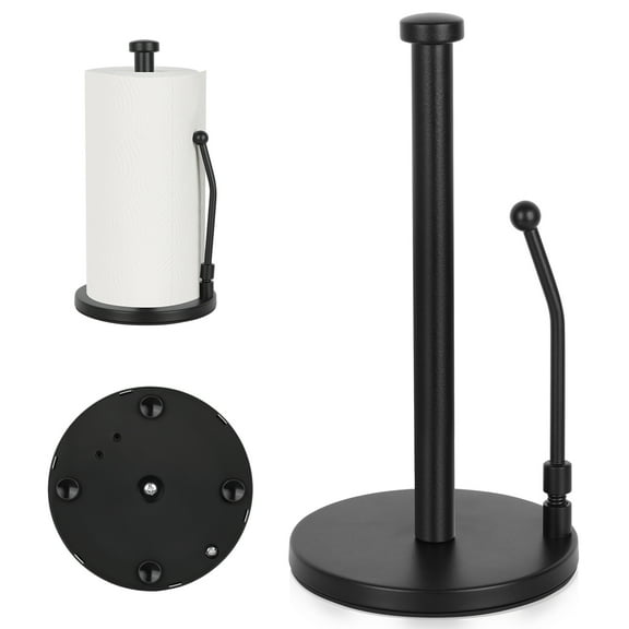 PHANCIR Paper Towel Holder, Spring Arm for Easy Tear, Stainless Steel Freestanding with Weighted Base Non Slip for Kitchen,Black