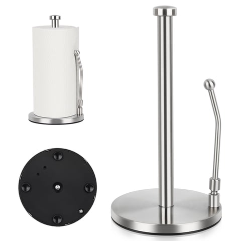 PHANCIR Paper Towel Holder, Spring Arm for Easy Tear, Stainless Steel Freestanding with Weighted Base Non Slip for Kitchen, Silver