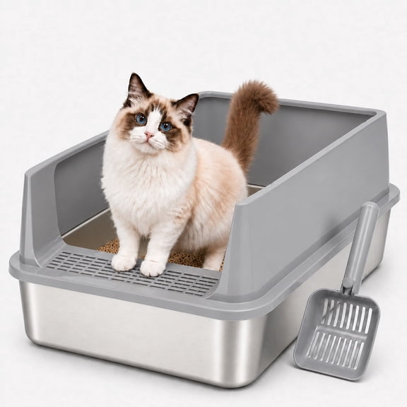 PHANCIR XL Cat Litter Box, Stainless Steel High-Sided, Non-Stick&Leak-Proof, Large Capacity, Easy-Clean with Litter Scoop & 6 Anti-Slip Pads(Gray)