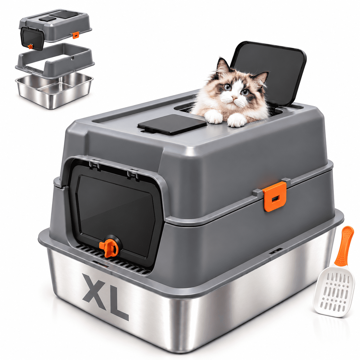 PHANCIR XL Stainless Steel Cat Litter Box with Lid, Scoop, Dual Entry ...