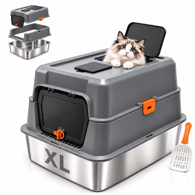 PHANCIR Stainless Steel Litter Box with Lid, Enclosed Metal Cat Litter ...