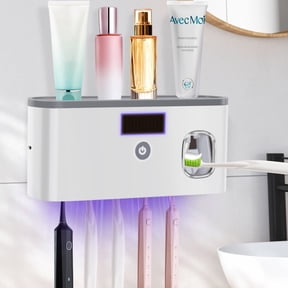 PHANCIR UV Toothbrush Holder for Bathrooms,5-Slot Wall Mount Toothbrush Timing Function Wall Mounted with Toothpaste Dispenser for Electric / Regular Toothbrush