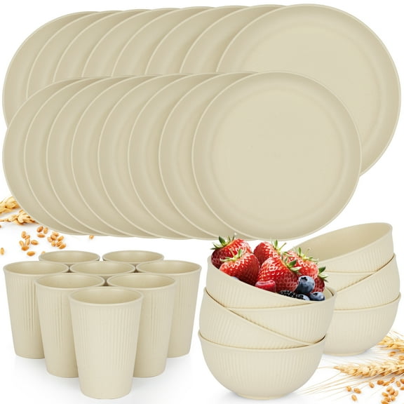 PHANCIR 32pcs Wheat Straw Dinnerware Set, Reusable Kitchen Plates and Bowls , Beige Color,16pcs Plates, 8pcs Bowls, 8pcs Cups