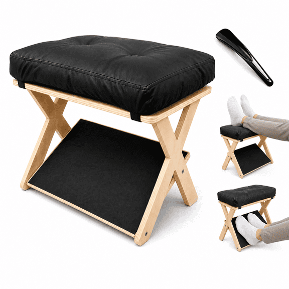 PHANCIR Wooden Under Desk Footrest, 2-Tier Wood Foot Rest with Soft Cushioned Top and Lower Foot Platform, Ergonomic Foot Stool with Shoehorn for Home Office, Desk, Sofa