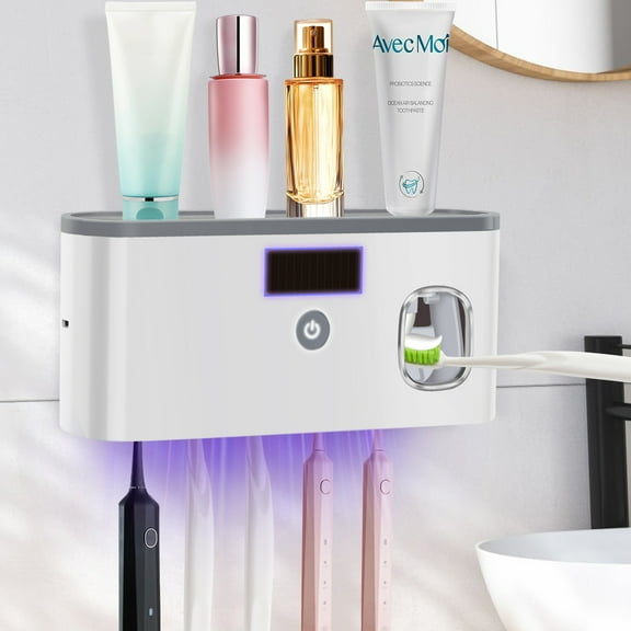 PHANCIR UV Toothbrush Holder for Bathrooms,5-Slot Wall Mount Toothbrush Sanitizer & Timing Function Wall Mounted with Toothpaste Dispenser for Electric / Regular Toothbrush