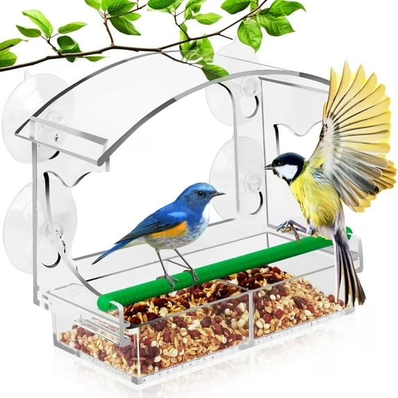 PHANCIR Window Bird Feeder for Outdoors, Acrylic Bird Feeder with Strong Suction Cups, Perfect for Up-Close Viewing, Removable Seed Tray with Drain Holes to Keep Nuts Fresh & Dry, Clear