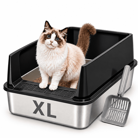 PHANCIR XL Cat Litter Box, Stainless Steel High-Sided, 23.62 x 15.75 in, 4in Deep Pan, with Litter Scoop & 6 Anti-Slip Pads, Black