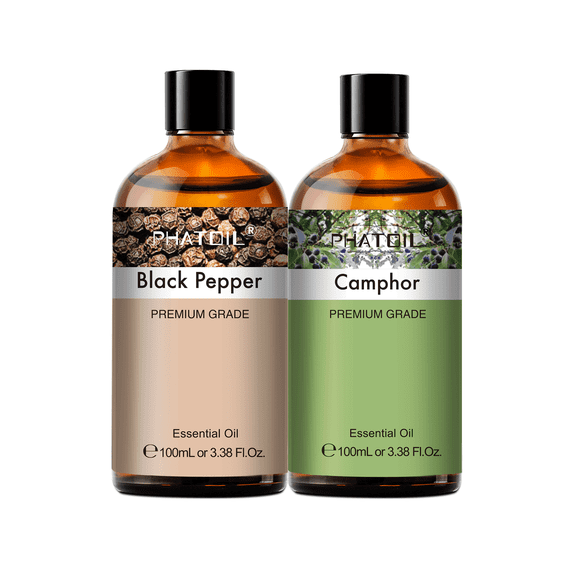 PHATOIL Black Pepper and Camphor Essential Oil Set for Diffuser,Aromatherapy,Air Purifiers,Body Massage,Humidifier,Soap and Candle Making,3.38 Fl.Oz