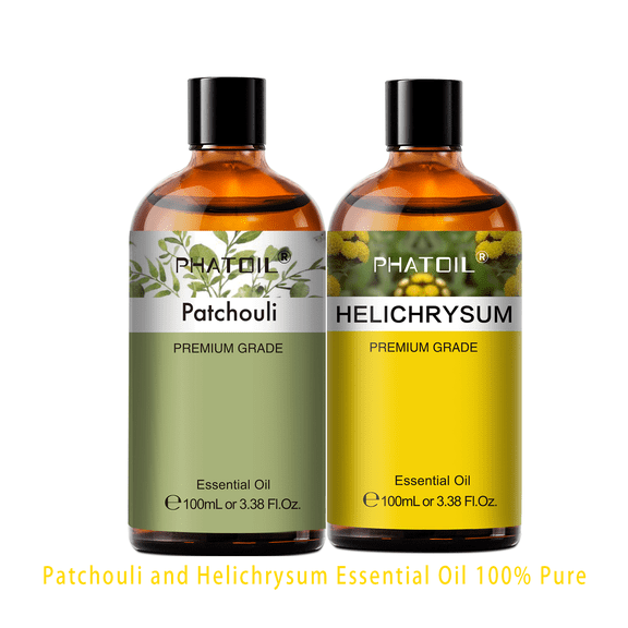 PHATOIL 2-Pack Patchouli and Helichrysum Essential Oil Set for Air Purifier,DiffusersSkin Care,Humidifiers,Candle Making,Body Massage,3.38 Fl Oz