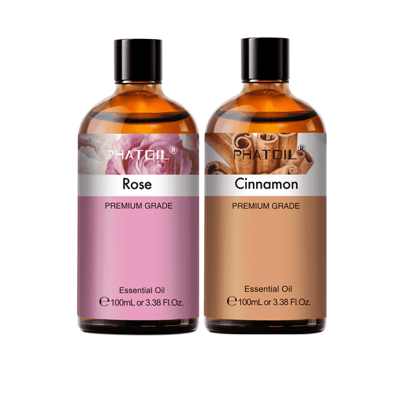 PHATOIL Rose and Cinnamon Essential Oil Set,2-Pack for Aromatherapy,Air Purifiers,Diffusers,Body Massage,Candle and Soap Making,Skin,Home,3.38fl oz
