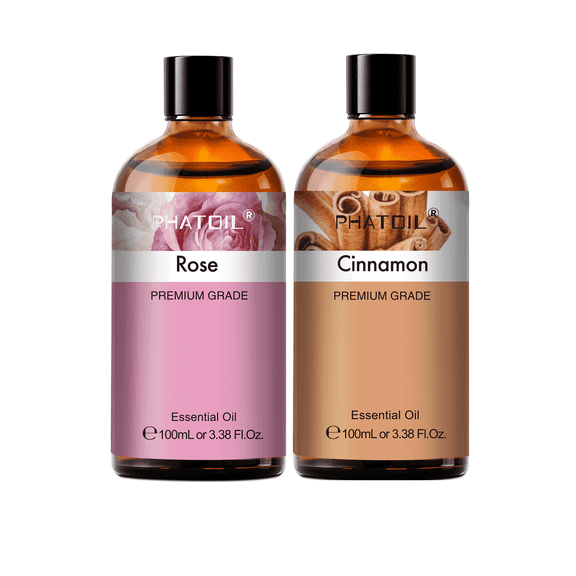 PHATOIL 2-Pack Rose and Cinnamon Essential Oil Set for Aromatherapy,Air Purifier,Diffusers,Body Massage,Candle and Soap Making,Skin,Home,3.38FL oz,2 Pack