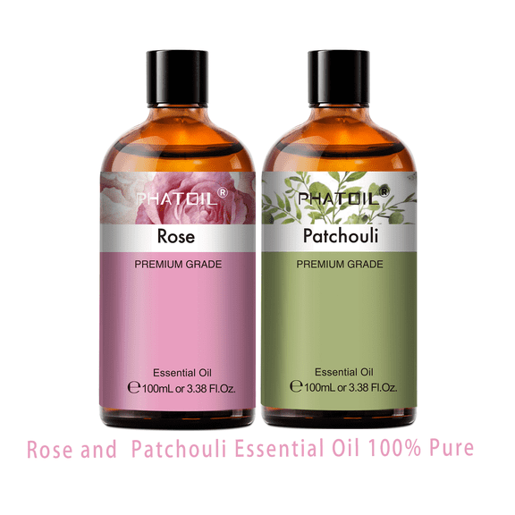 PHATOIL Rose and Patchouli Oil Set,Essential Oils for Skin,Air Purifier, Body,Diffusers,Soap and Candle Making,Aromatherapy,Perfume,3.38Fl.Oz