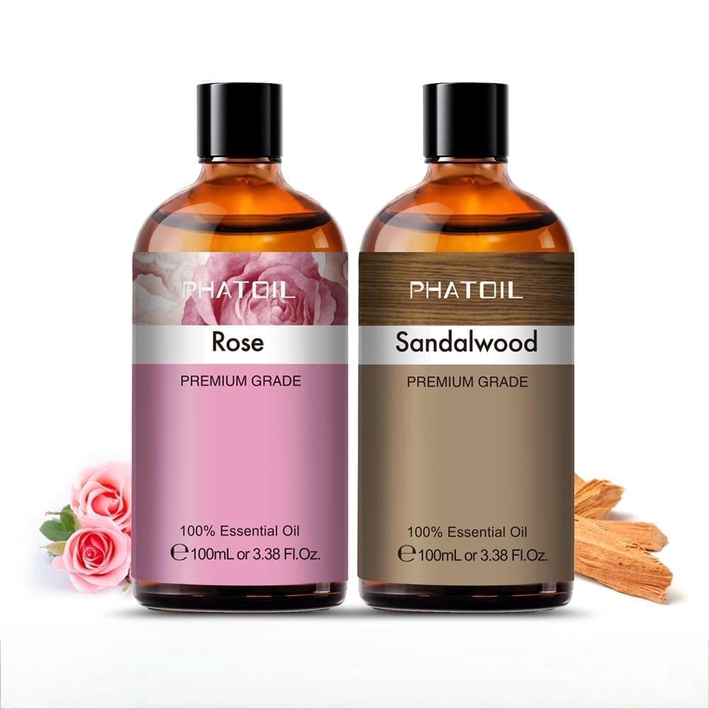 PHATOIL 100% Pure Rose Essential Oil and Sandalwood Essential Oil for Diffusers,Candle Making,Skin,Body,Air Purifier,2-Pack,100ML