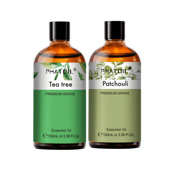 PHATOIL 100% Pure Tea Tree and Patchouli Essential Oil Set for Diffusers,Skin,Hair Care,Air Purifier,Body Massage,Humidifier,Candle Making,Perfume,100ML 2-Pack