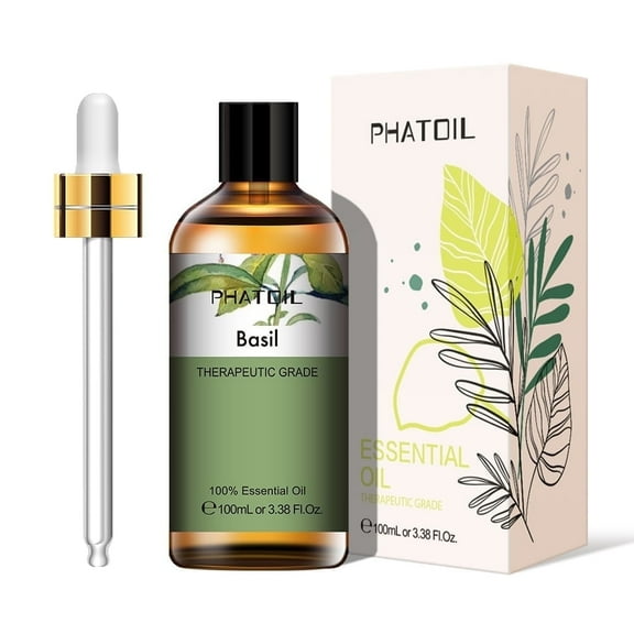 PHATOIL 3.38 Fl Oz Basil Essential Oil for Hair Skin & Diffuser, 100% Natural Basil Oil for Hair Aromatherapy Soap Making Scent
