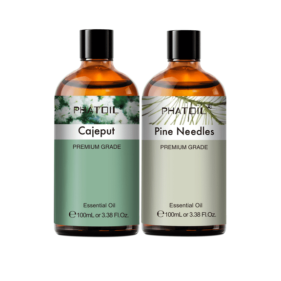 PHATOIL 100ML Cajeput and Pine Needles Essential Oil Set for Diffusers,Humidifier,Skin,Body,Hair,Perfume,Bath Bombs,Candle Making,2PCS