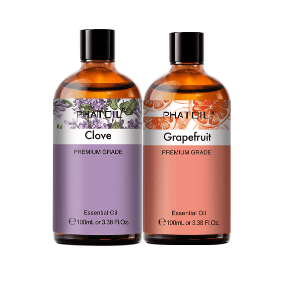 PHATOIL Clove and Grapefruit Essential Oil Set, 100% Pure 2-Pack for Diffuser,Perfume,Humidifier,Aromatherapy,Candle and Soap Making,3.38Fl.Oz