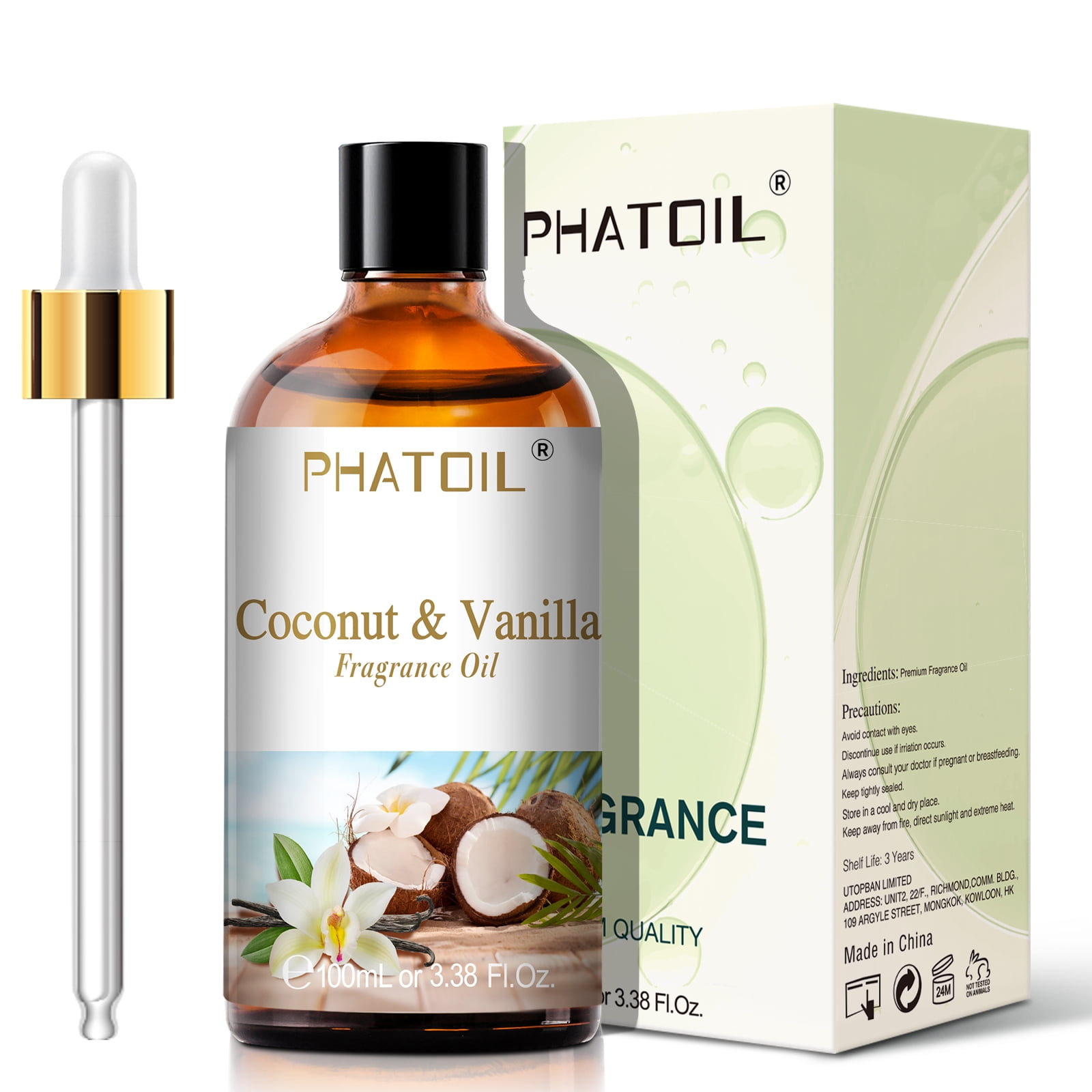 PHATOIL 100ML Coconut & Vanilla Essential Oils for Aromatherapy Diffuser,  Spa Massage, Yoga, Bathing, Skin Care, DIY Candle and Soap Making -  3.38FL.OZ 