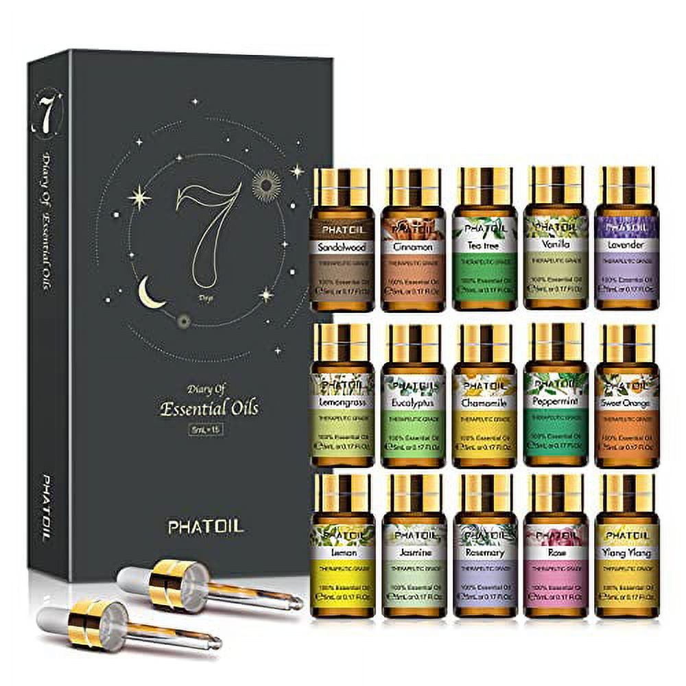 PHATOIL 15pcs x 5ml Essential Oils Gift Set Perfect for Skin & Hair Care, Bath, Relaxation, Ideal for Aromatherapy Diffuser, Soap Candle Making