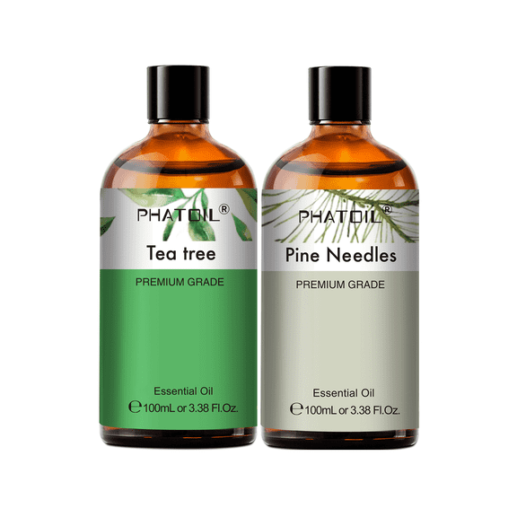 PHATOIL 2-Pack Tea Tree and Pine Needles 100% Pure Essential Oil Set,3.38 Fl.oz Each for Diffuser,Aromatherapy,Nautral Oils for Skin,Body Massage,Candle and Soap Making,Perfume