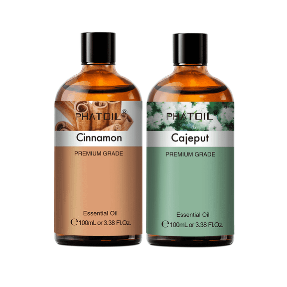 PHATOIL 100ML 2-Pack Cinnamon and Cajeput Essential Oil Set for Perfume,Skin,Body,Hair,Diffusers,Face,Bath Bombs,Candle Making,Soap Making,Aromatherapy