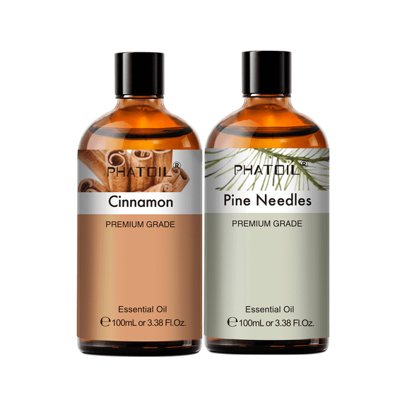 PHATOIL 2-Pack Cinnamon and Pine Needles Essential Oil Set for Diffusers,Humidifier,Skin,Bath Bomb,Body Massage,Candle Making,Perfume,3.38FL oz