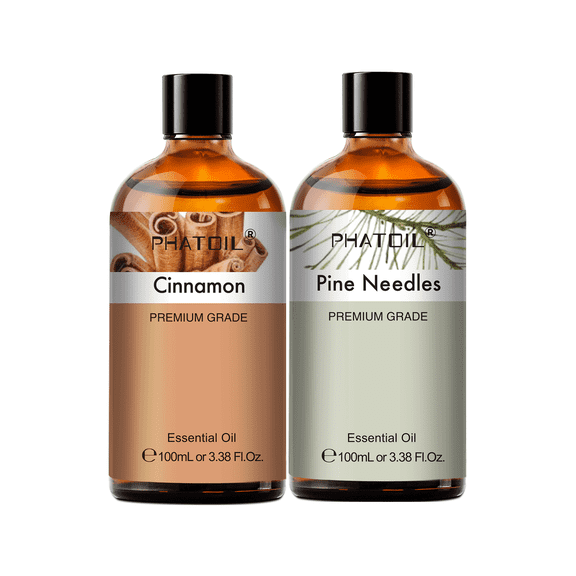 PHATOIL 2-Pack Cinnamon and Pine Needles Essential Oil Set for Diffusers,Perfume,Skin,Humidifier,Bath Bomb,Body Massage,Candle Making,3.38Fl.Oz