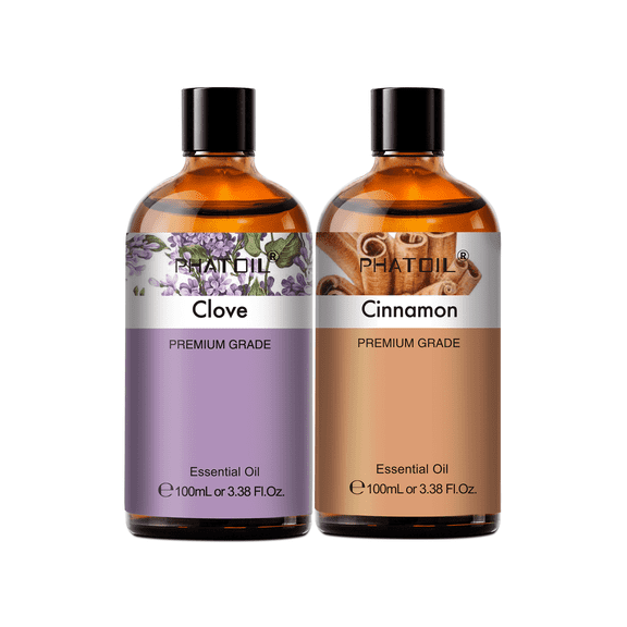 PHATOIL Clove and Cinnamon Essential Oil 2-Pack,Pure Natural Aromatherapy Oils for Diffuser, Soap and Candle Making, Perfume,Humidifier,3.38 FL oz