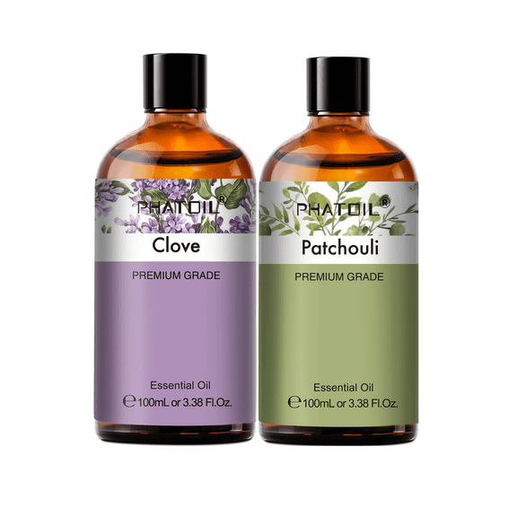 PHATOIL 2-Pack Clove and Patchouli Essential Oil Set for Diffusers,Face,Skin,Body,Hair,Perfume,Candle Making,Soap Making,Aromatherapy,100ML