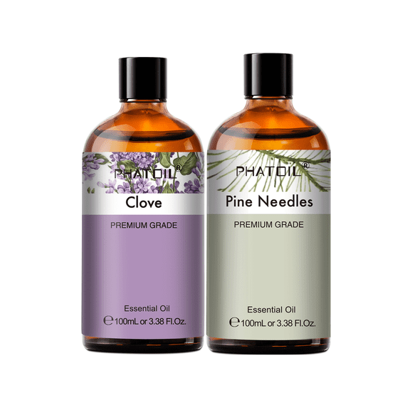 PHATOIL 2-Pack Clove and Pine Needles Essential Oil Set 100% Pure for Diffusers,Skin,Hair Care,Humidifier,Soap and Candle Making,Aromatherapy,100ML