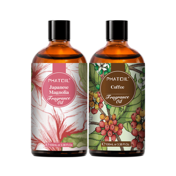 PHATOIL 2-Pack 3.38 Fl.Oz Japanese Magnolia and Coffee Fragrance Oil Set for Diffuser,Candle and Soap Making,Skin,Body,Aromatherapy,DIY,Humidifier,Perfume