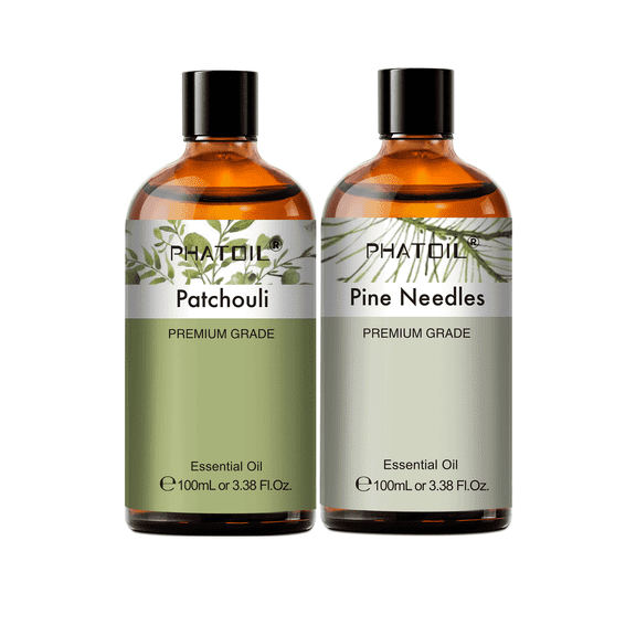 PHATOIL Patchouli and Pine Needles Oil Set,Essential Oil for Diffusers,Perfume,Skincare,Body,Hair,Bath Bombs,Candle Making,Soap Making,Aromatherapy,3.38Fl.Oz