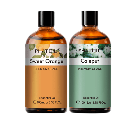 PHATOIL 2-Pack Sweet Orange and Cajeput Essential Oil Set for Diffusers,Humidifier,Skin,Hair,Perfume,Soap Making,3.38 FL oz