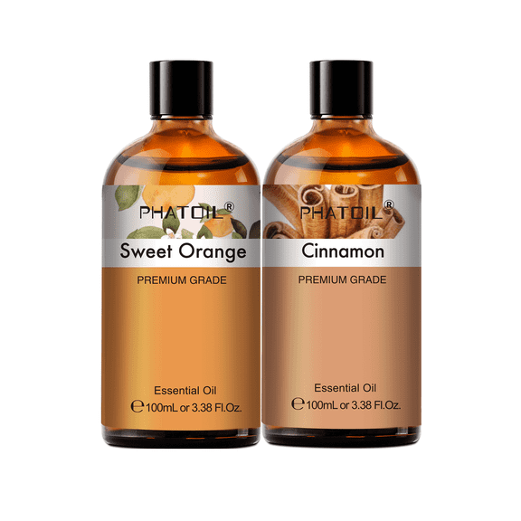 PHATOIL 2-Pack Sweet Orange&Cinnamon Essential Oil Set,3.38 FL Oz Each for Diffuser,Aromatherapy,Natural Oils for Air Purifie,Skin,Body Massage,Candle Making,Perfume,Humidifier