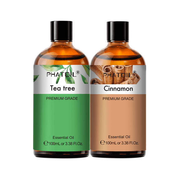 PHATOIL 2-Pack Tea Tree and Cinnamon Essential Oil Set 100% Pure for Diffusers,bath bombs,Body Care,Skin Care,Soap Making,Candle Making,3.38 FL oz