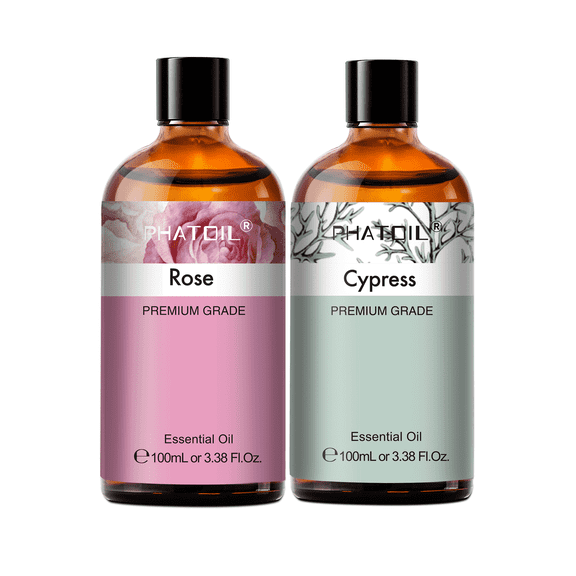 PHATOIL 100ML 2-Pack Rose and Cypress Essential Oil Set for Body Massage,Candle Making,Perfume,Skin Care,Hair,Face,Diffuser,Humidifiers,Aromatherapy