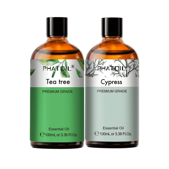 PHATOIL 2-Pack Tea Tree and Cypress Essential Oil Set,3.38Fl.oz Each for Diffusers,Aromatherapy,Natural Oils for Skin,Hair,Face,Massage,Humidifier