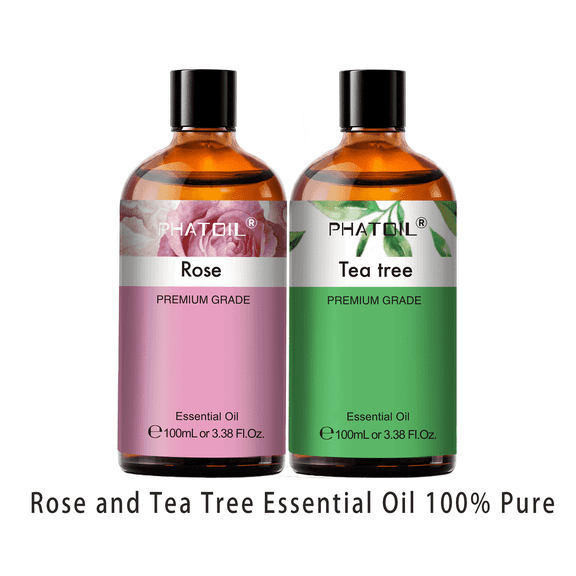 PHATOIL 2 Pack Rose and Tea Tree oil,100% Pure Essential Oil Set for Diffusers,Skin.Candle Making,Body Massage,Humidifier,3.38 FL oz
