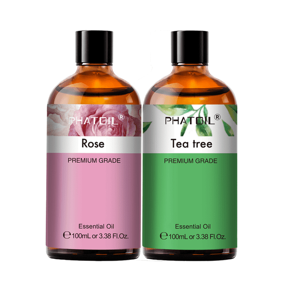 PHATOIL Rose&Tea Tree Essential Oil 2-Pack Set,Pure Natural Aromatherapy Oils for Diffusers,Skin.Candle Making,Body Massage,Humidifier, 3.38 Fl oz
