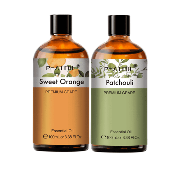 PHATOIL Sweet Orange&Patchouli Essential Oil 2-Pack,Pure Natural Aromatherapy Oils for Diffuser, Skin,Body Massage, Candle and Soap Making,Perfume,Humidifier,3.38 Fl.oz