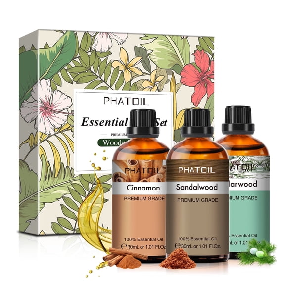 PHATOIL 3-Pack Sandalwood, Cinnamon, Cedarwood Essential Oil Set for Diffusers,Skincare,Candle Making,Aromatherapy,Humidifiers,Air Purifiers,30ML