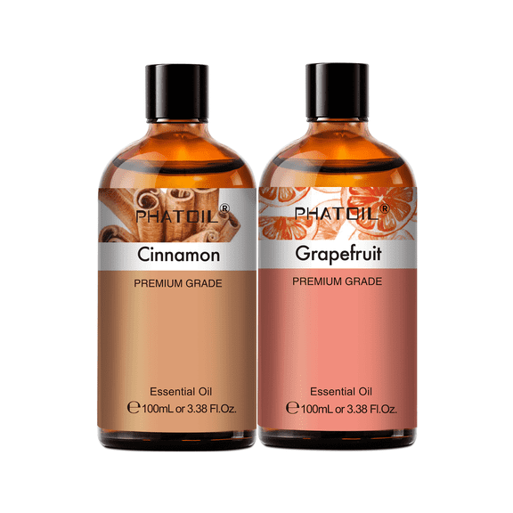 PHATOIL 2-Pack Cinnamon and Grapefruit Oil,Essential Oils Set for Diffusers,Air Purifiers,Humidifier,Skin Care,Face,Body Massage,Aromatherapy,Candle Making,3.38 Fl.Oz
